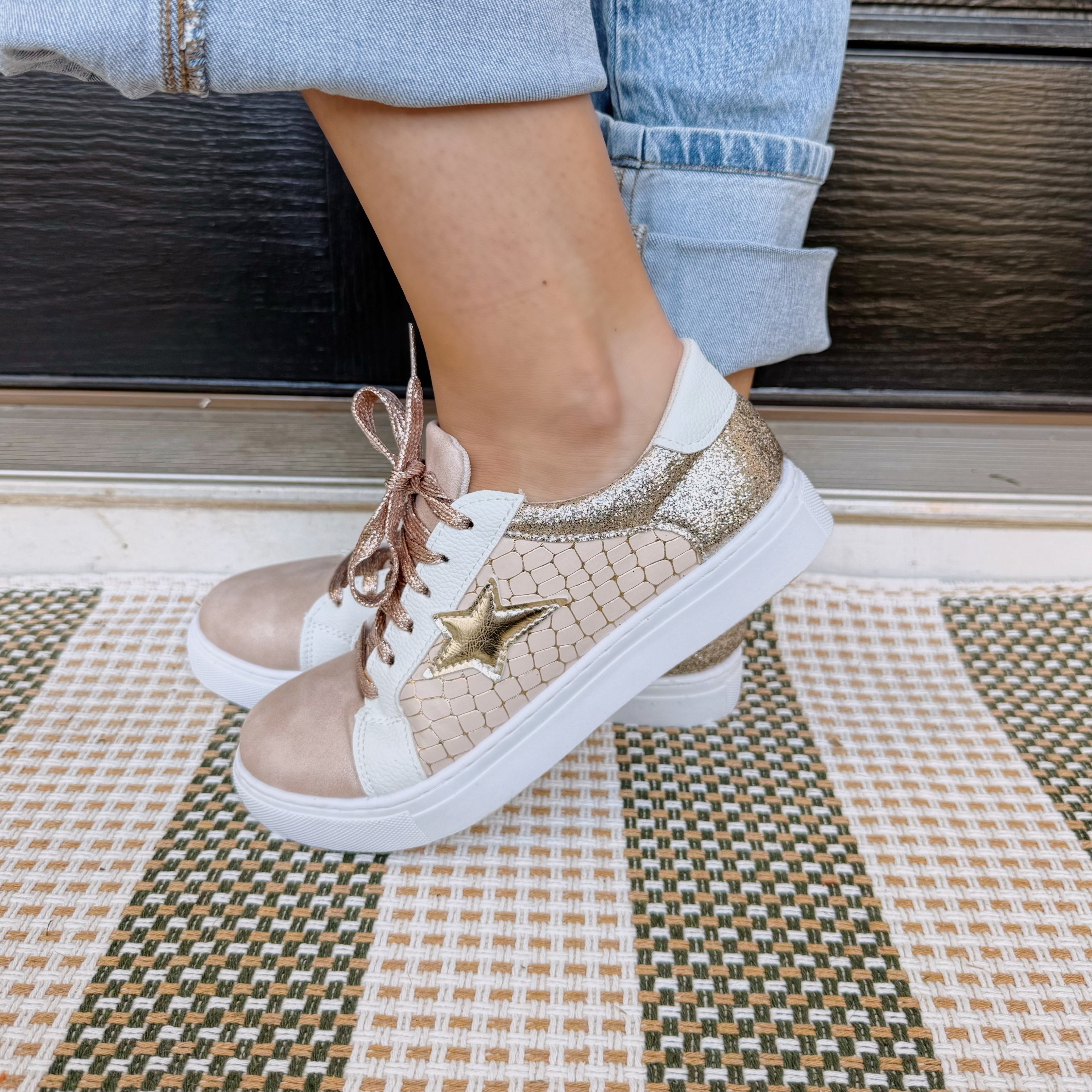 Glitter Star Patchwork Leather Lace-up Sneakers