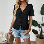 Black Bow Tie V-Neck Shirt