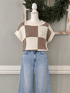 Checkered Block Short Sleeve Sweater