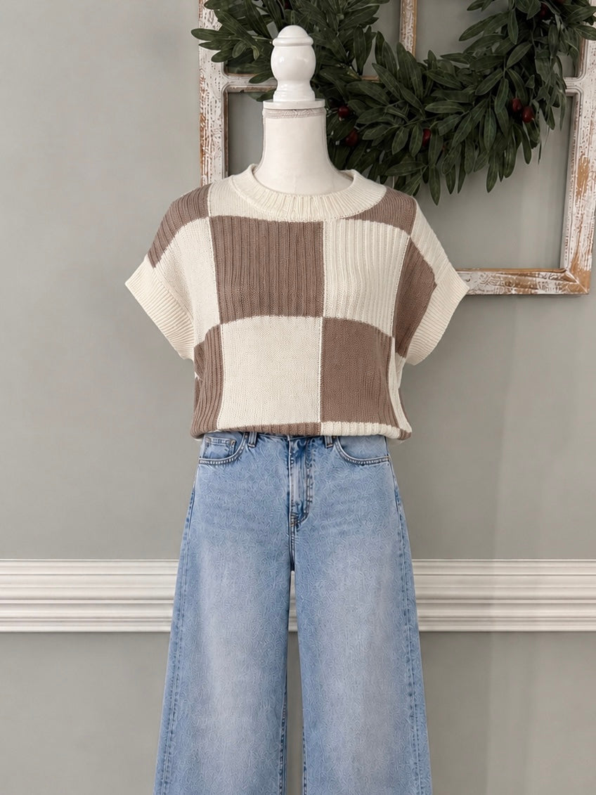 Checkered Block Short Sleeve Sweater