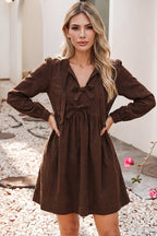 Little Daisy Closet - LDC Bow Knot Front Long Sleeve Corduroy Mini Dress: Coffee / L