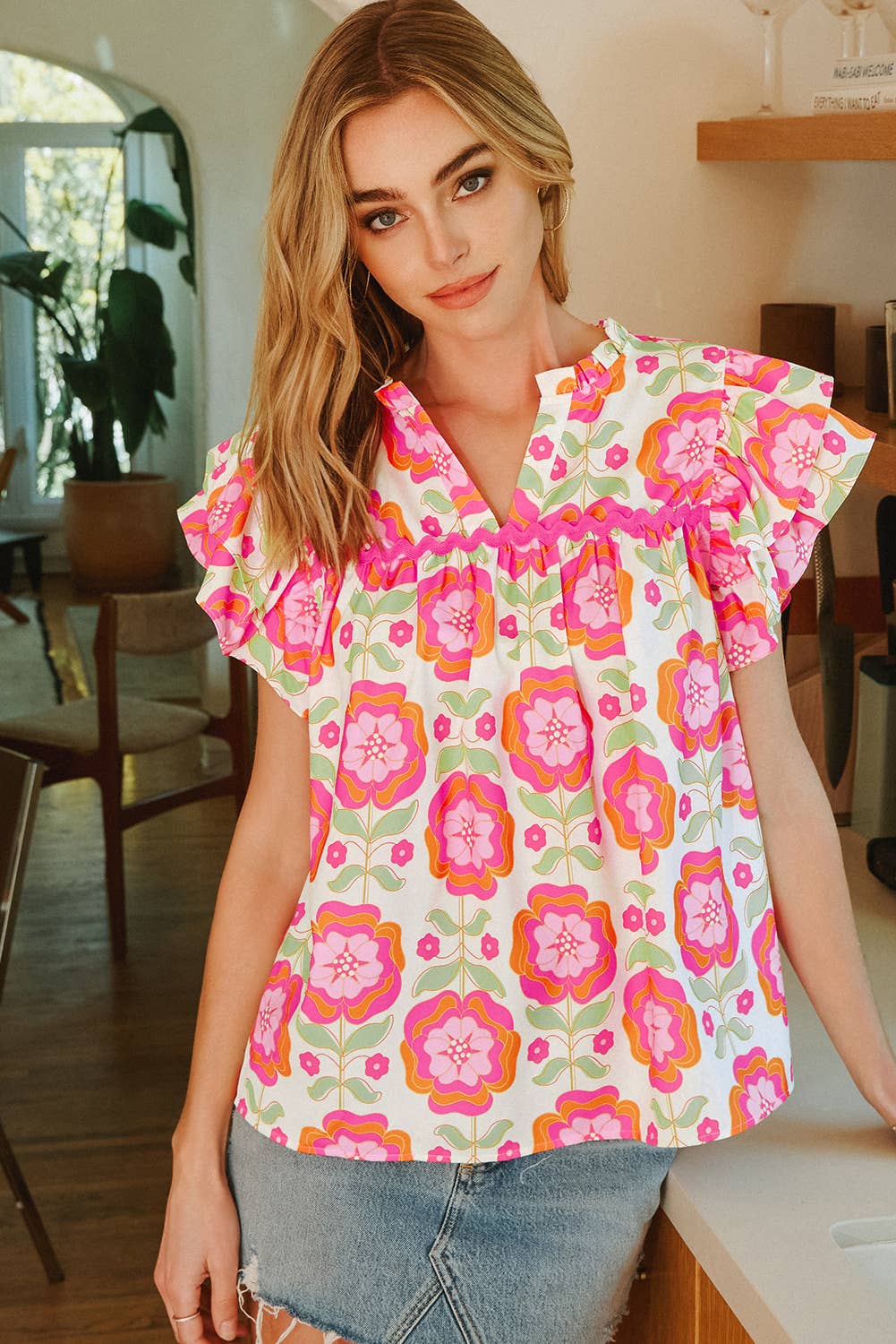 Ric-rac Trim Split Neck Blouse