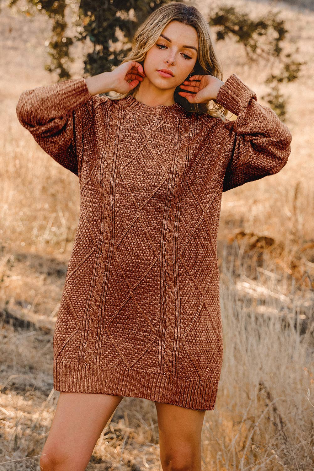 Cable Knit Drop Shoulder Loose Fit Sweater Dress