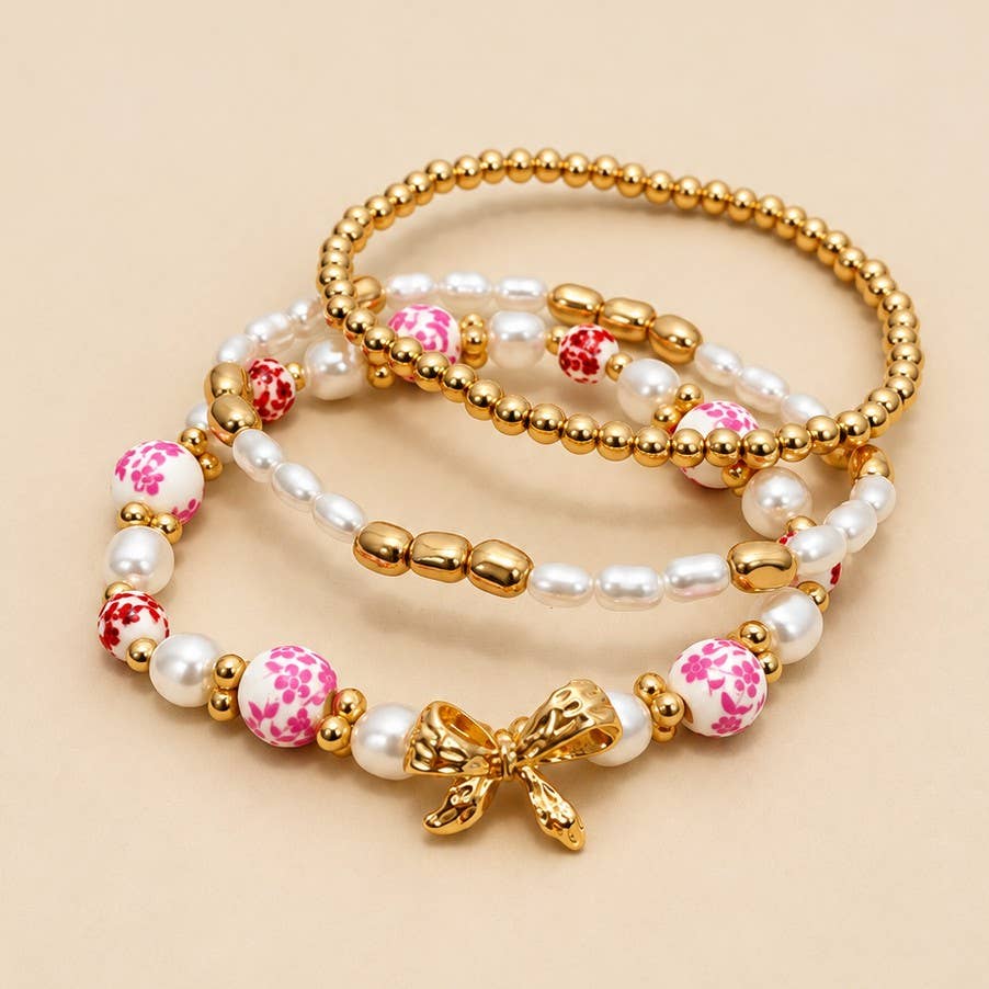 PINK CERAMIC PORCELAIN BOW BRACELET