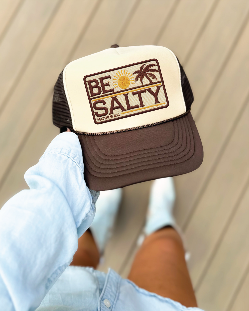 Be Salty DTF Printed Brown and Tan Trucker Hat