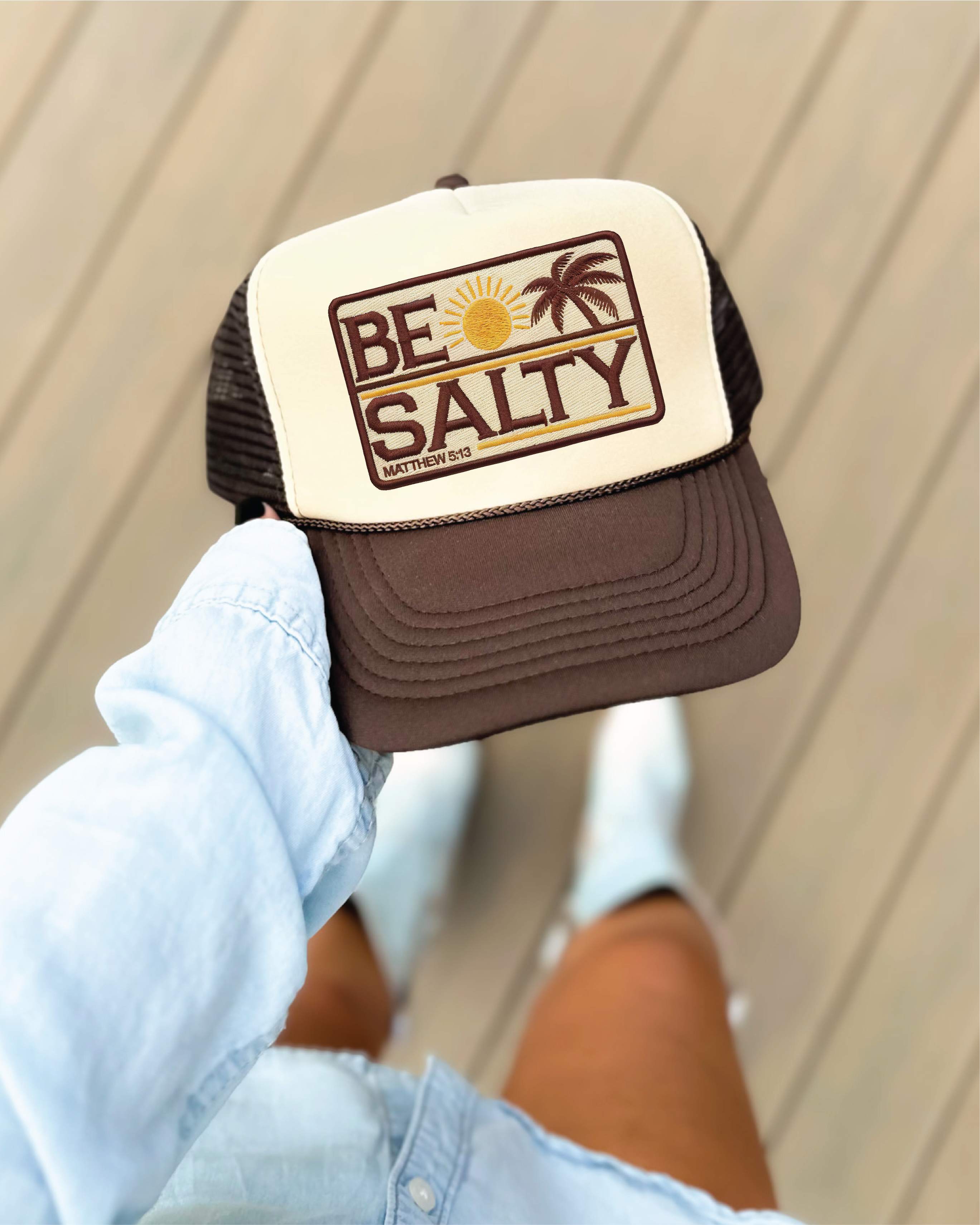 Be Salty DTF Printed Brown and Tan Trucker Hat