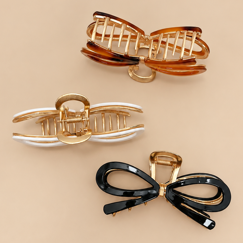 Ribbon Bow Gold Claw Clips