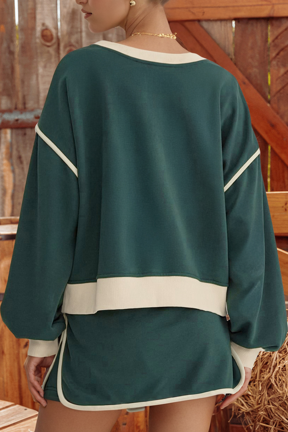 Colorblock Loose Pullover Lace-up Waist Skort Set