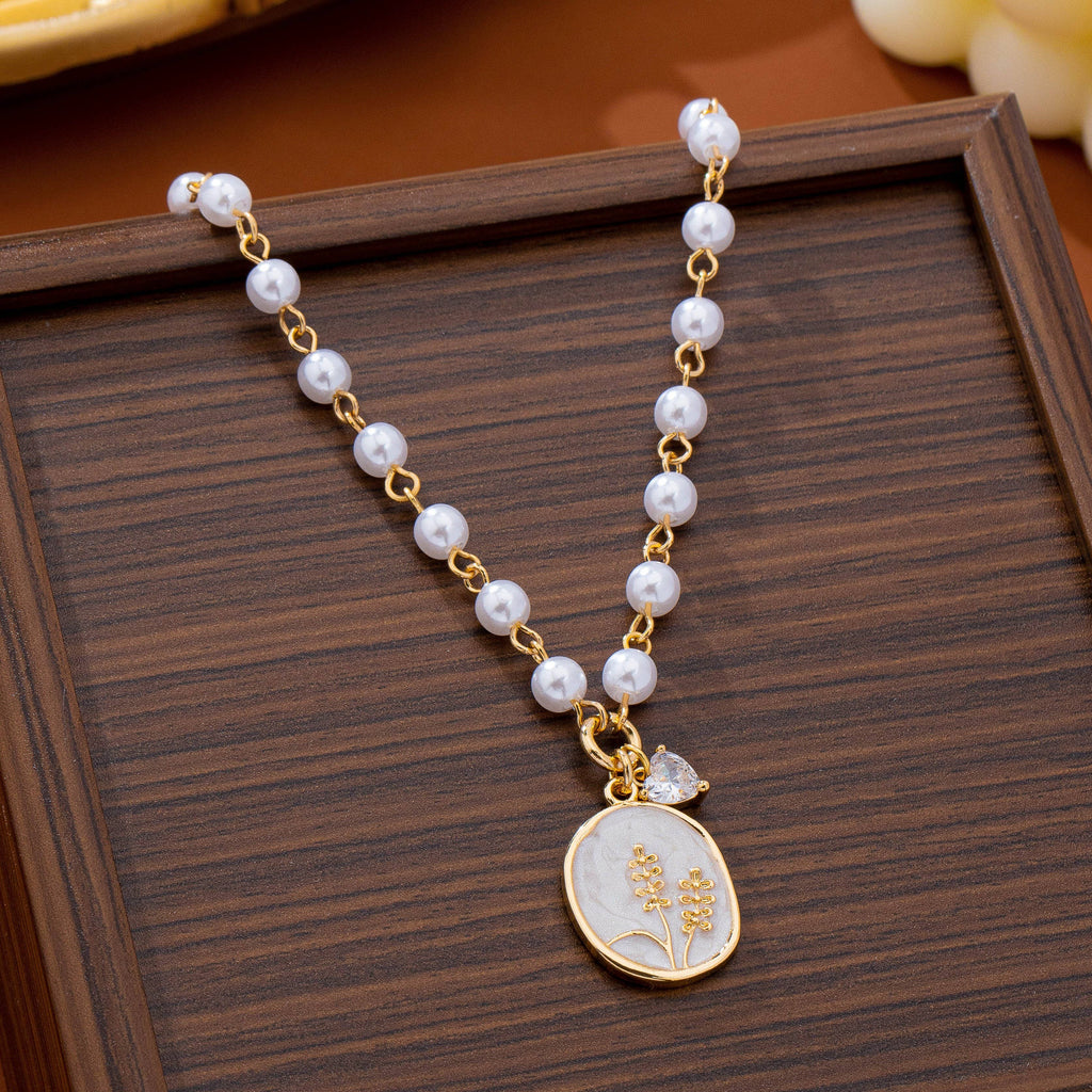 Pearl Chain Floral Oval Pendant Necklace
