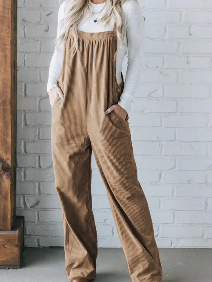 Pocketed Corduroy Overalls