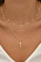 Cross Pendant Pearl Triple Layer Chain Necklace