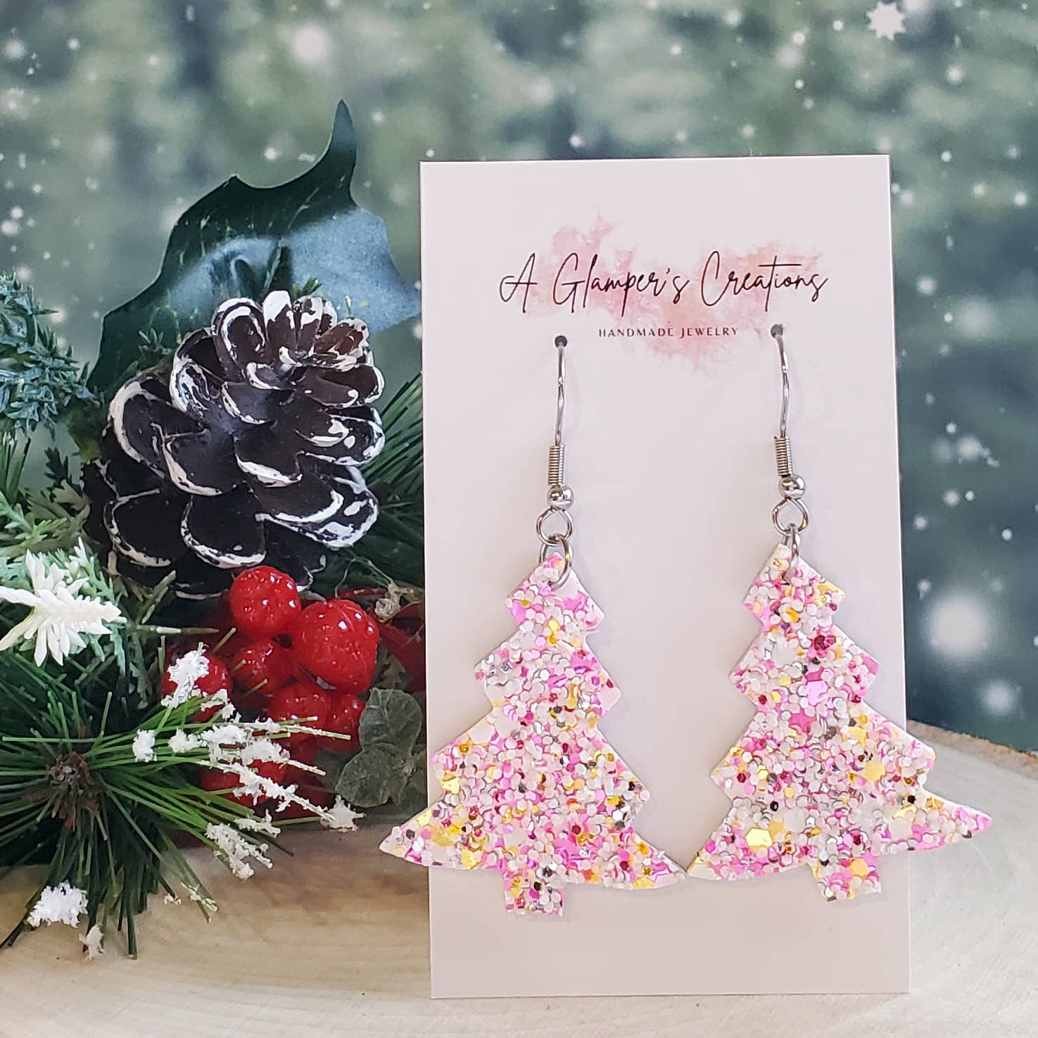 Pink Christmas Tree Leather Earrings