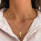Layered Pearl, cross Necklace