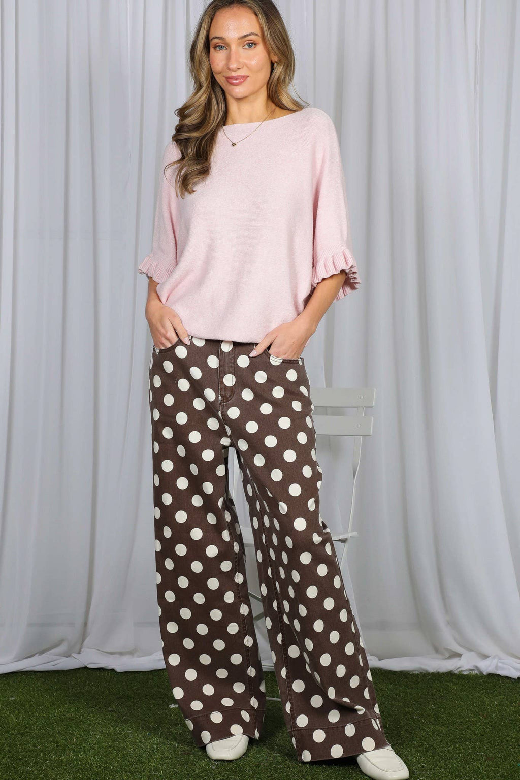 Polka Dot Straight Leg Denim Pants
