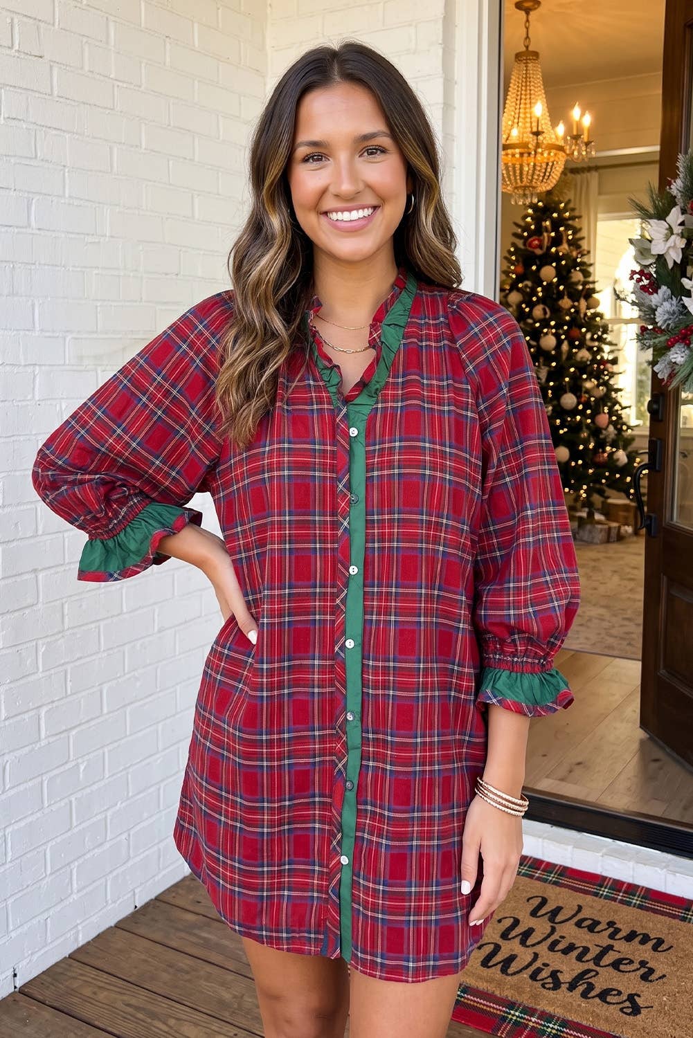 Abilene Plaid Sleeve Ruffle Trim Dress