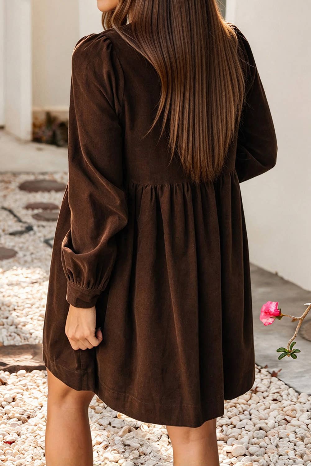 Little Daisy Closet - LDC Bow Knot Front Long Sleeve Corduroy Mini Dress: Coffee / L