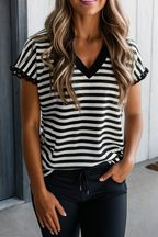 Mila Black Striped V Neck Tee