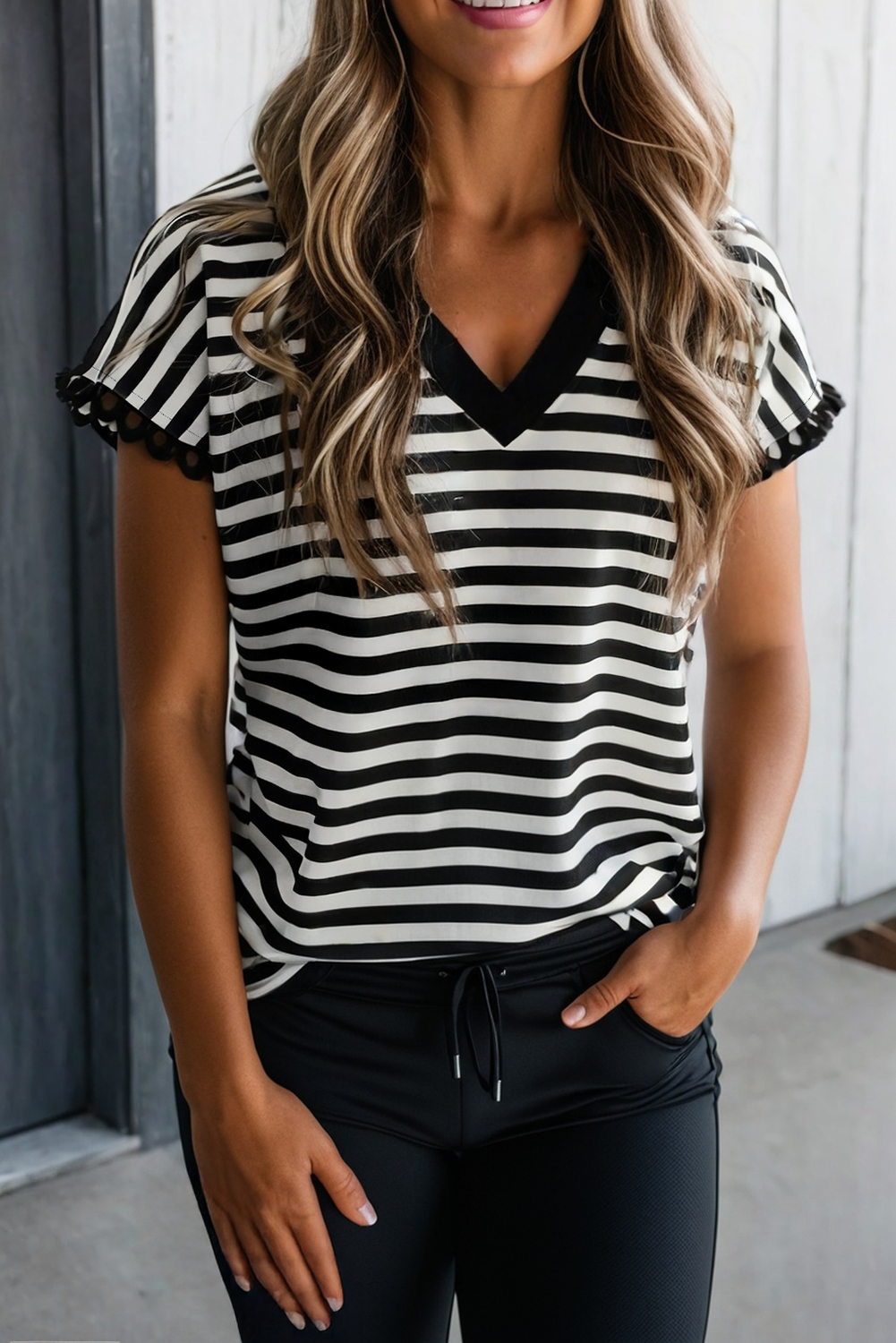 Mila Black Striped V Neck Tee