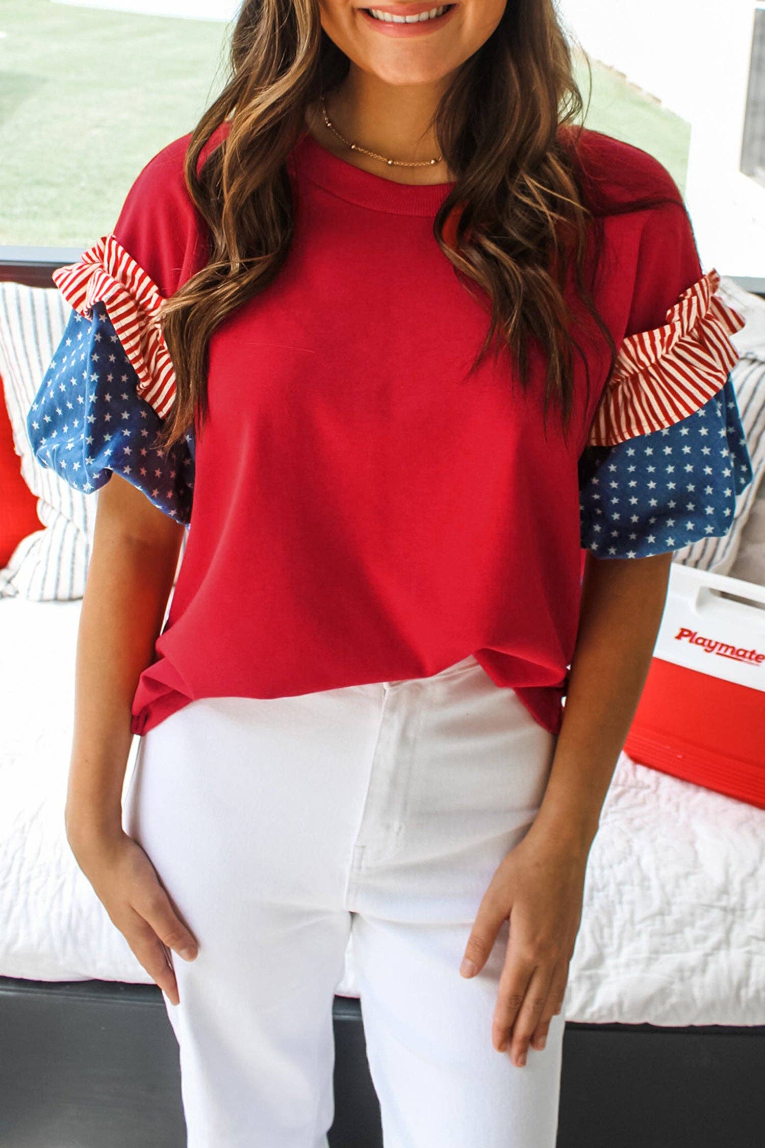 Fiery Red Stars Stripes Top