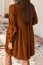 Little Daisy Closet - LDC Bow Knot Front Long Sleeve Corduroy Mini Dress: Coffee / L