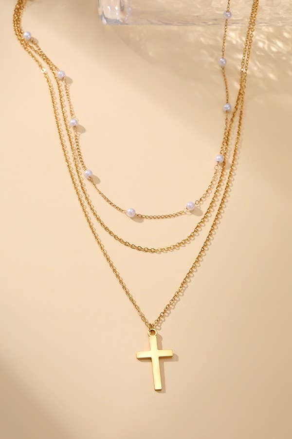 Layered Pearl, cross Necklace