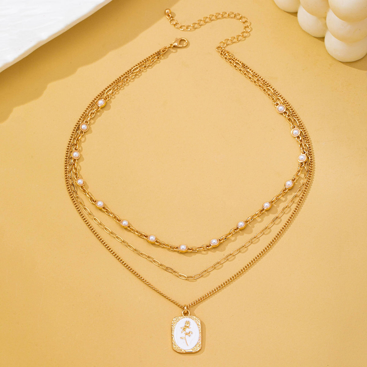 Layered Enamel Pearl Pendant Necklace