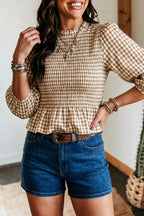 Plaid Sleeve Shirred Top