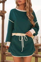 Colorblock Loose Pullover Lace-up Waist Skort Set