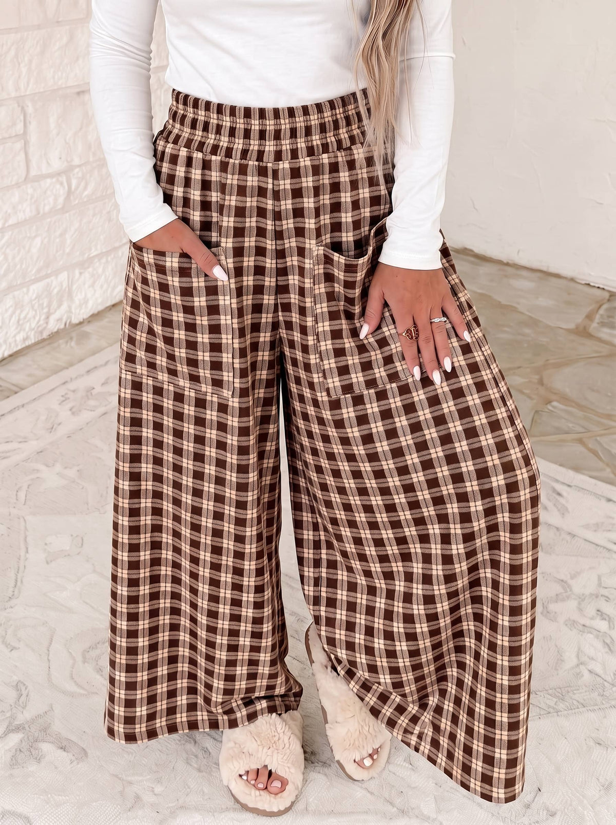 Plaid Patch Pocket Wide Leg Pants