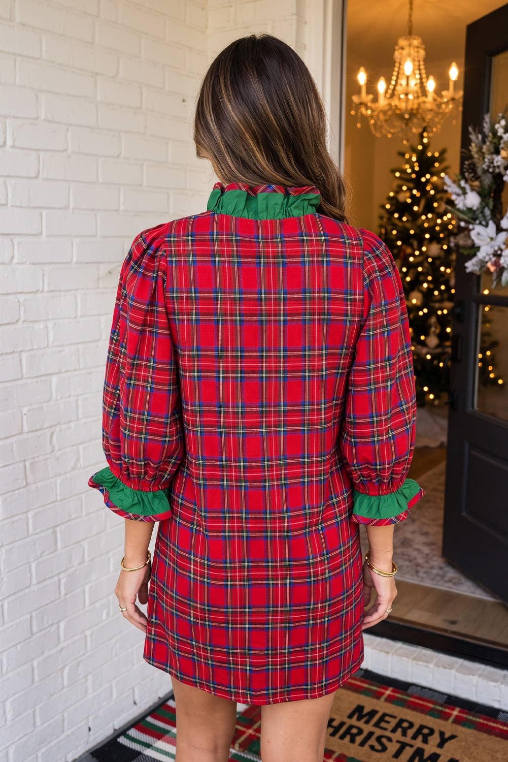 Abilene Plaid Sleeve Ruffle Trim Dress