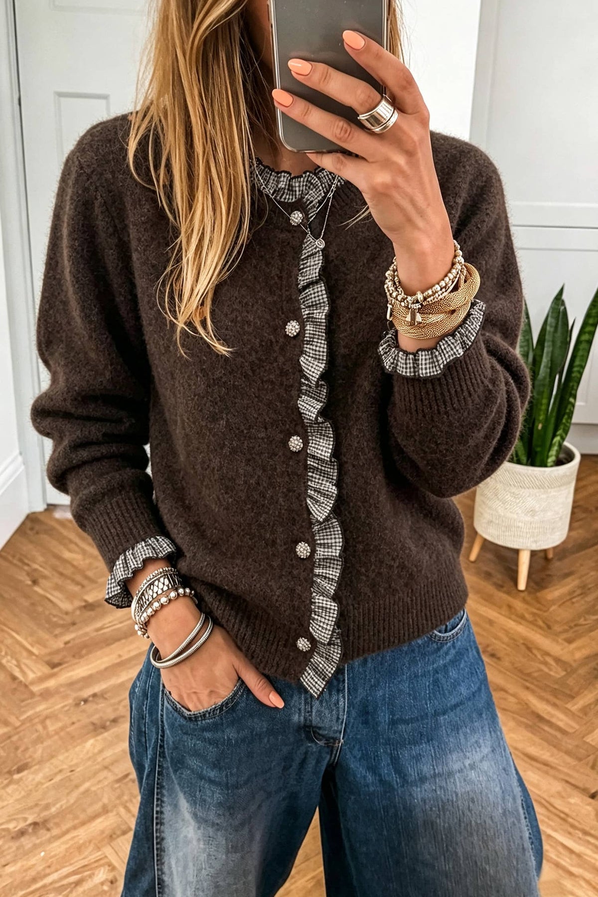 Carry Plaid Ruffle Sweater Cardigan