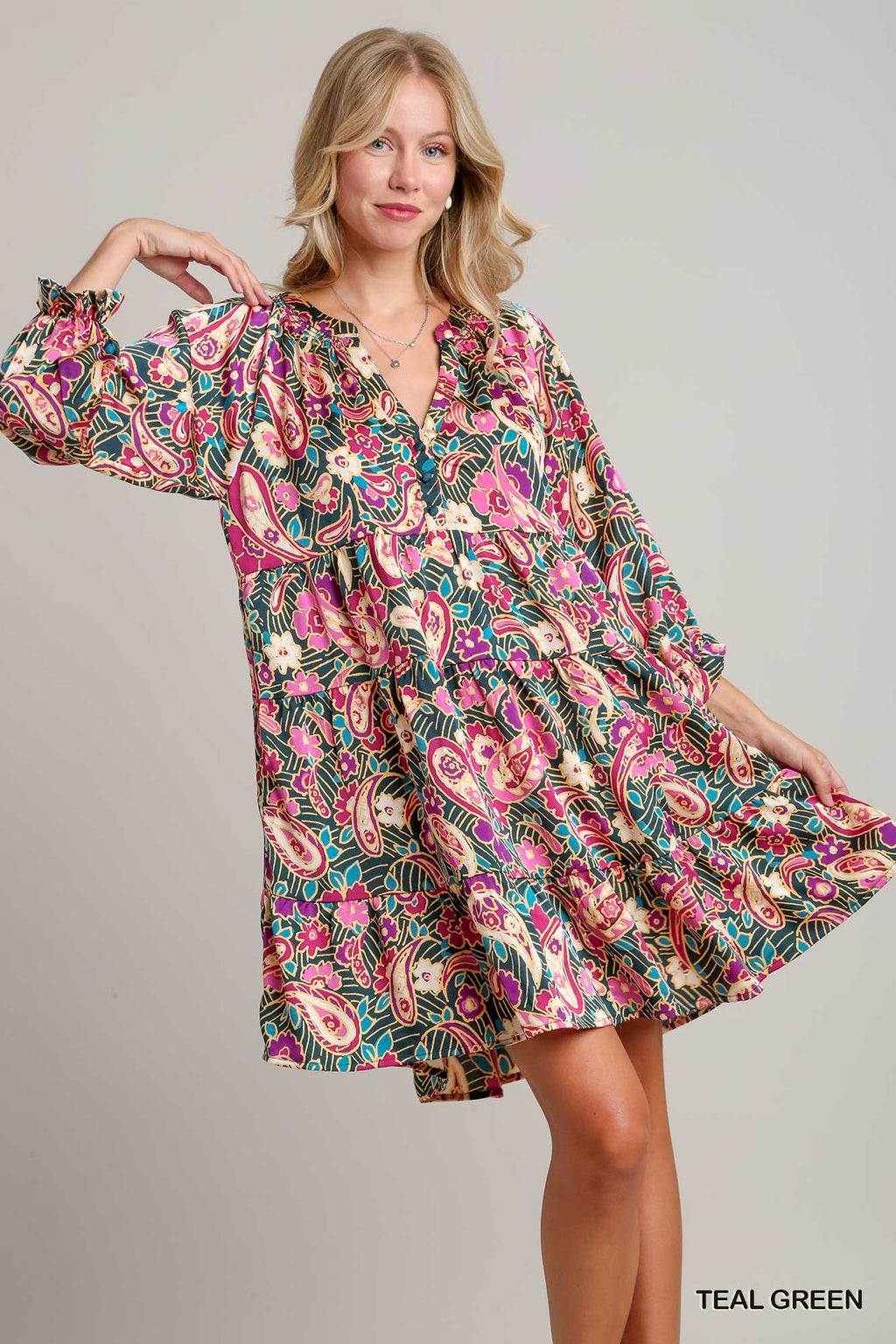 Satin Paisley V-Notched Dress
