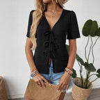 Black Bow Tie V-Neck Shirt