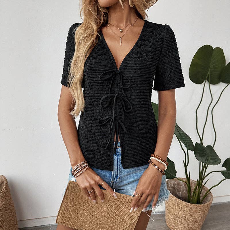 Black Bow Tie V-Neck Shirt