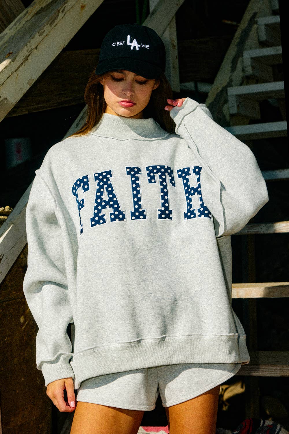 Embroidered Polka-Dot Mock Neck Sweatshirt