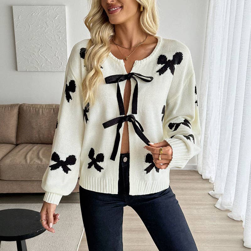 Sweet Bow Knitted Long-sleeved Cardigan