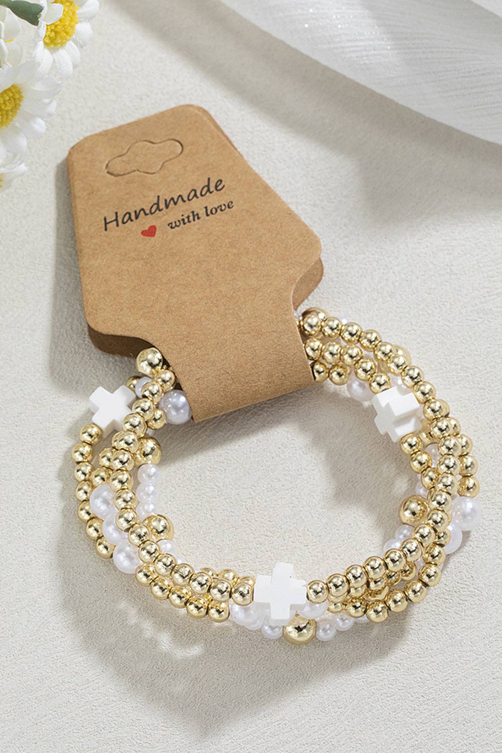 White Cross Pearl Layered Bracelet