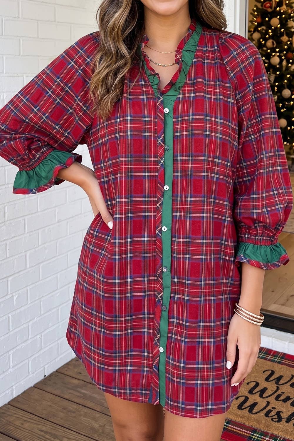 Abilene Plaid Sleeve Ruffle Trim Dress