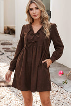 Little Daisy Closet - LDC Bow Knot Front Long Sleeve Corduroy Mini Dress: Coffee / L