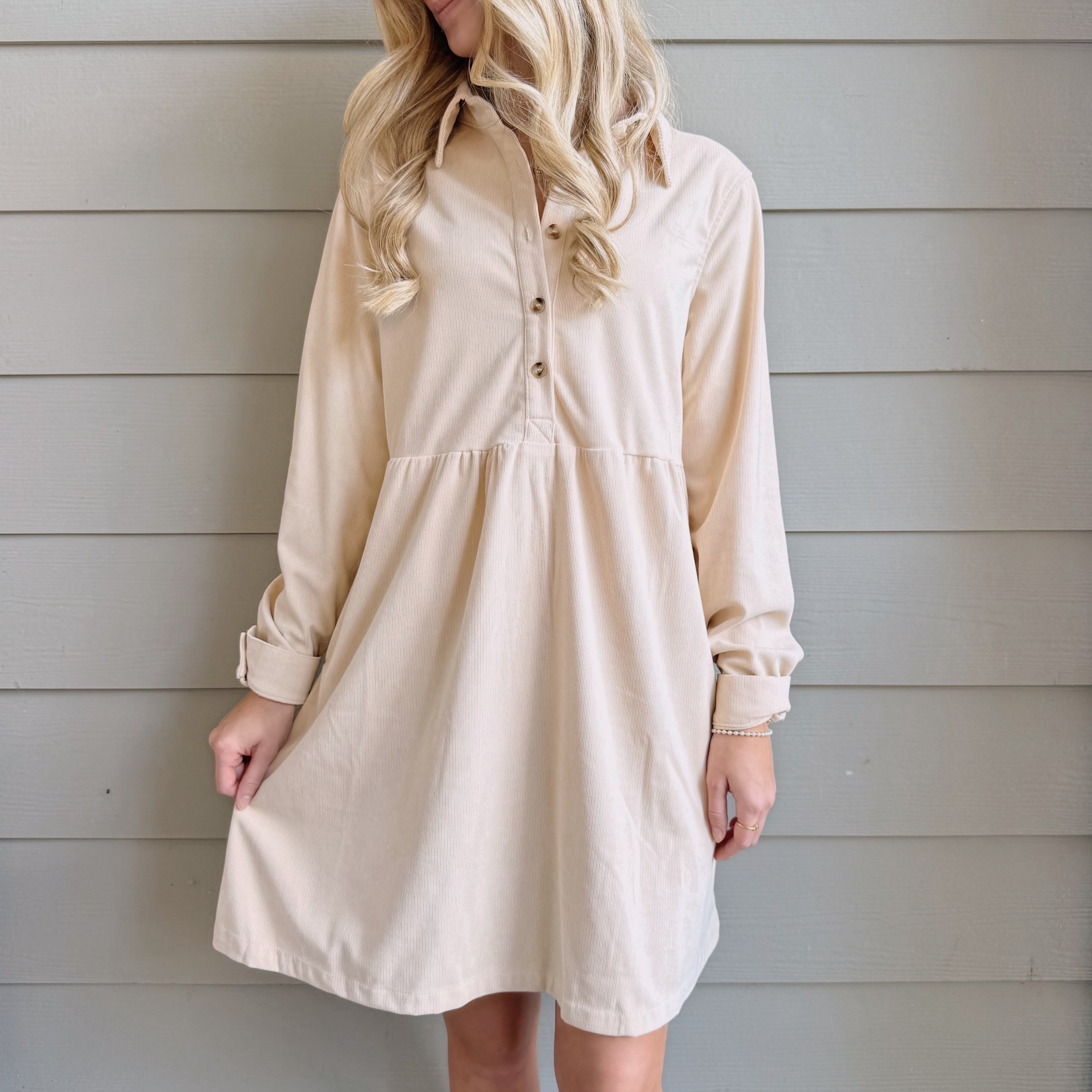 Corduroy Half Button Collared Dress
