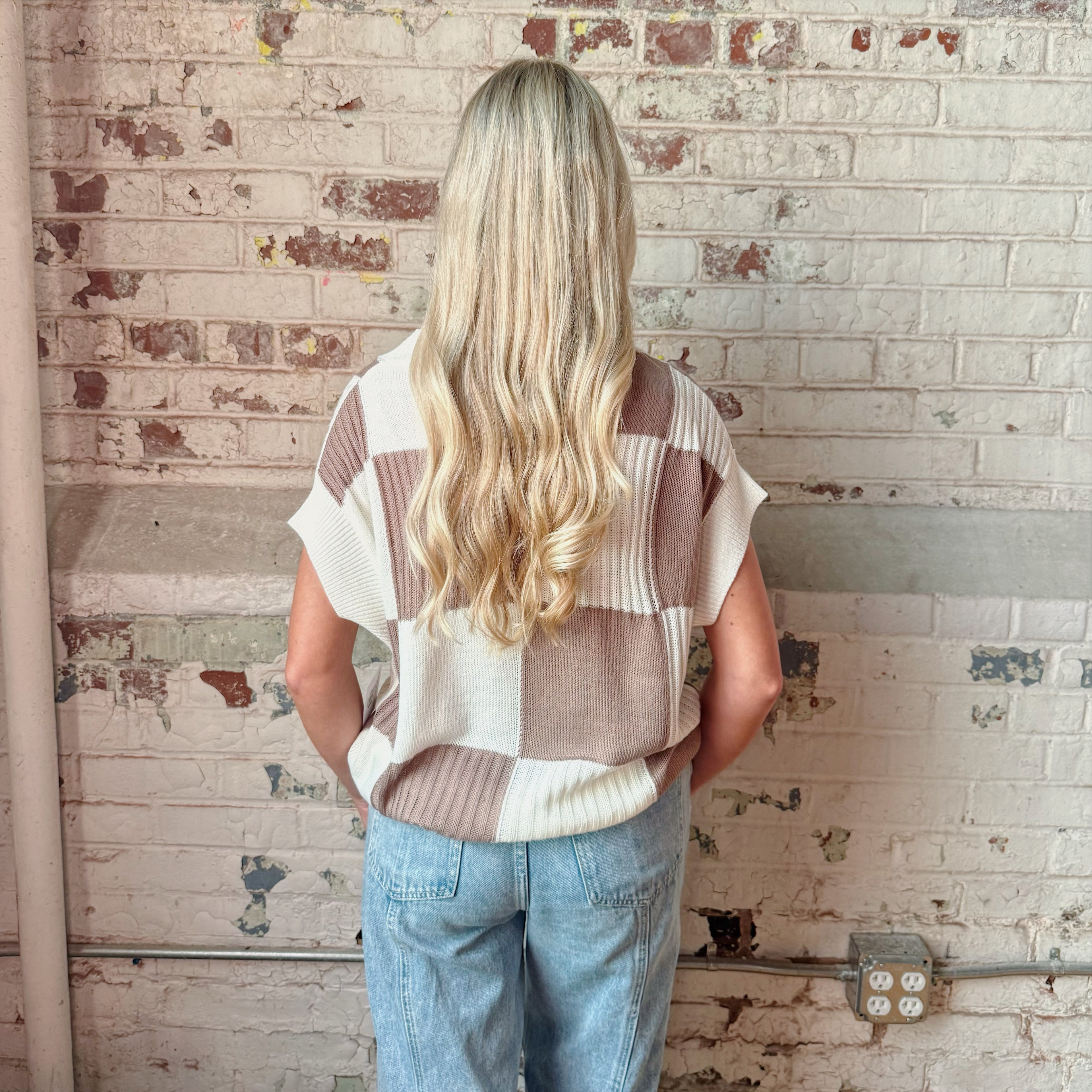 Checkered Block Short Sleeve Sweater