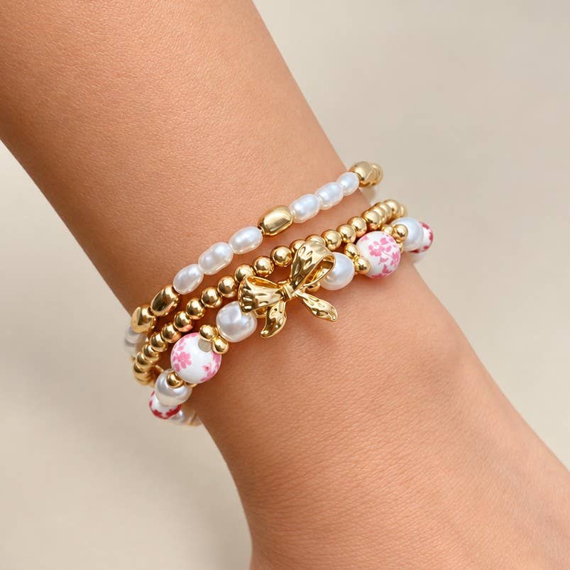 PINK CERAMIC PORCELAIN BOW BRACELET