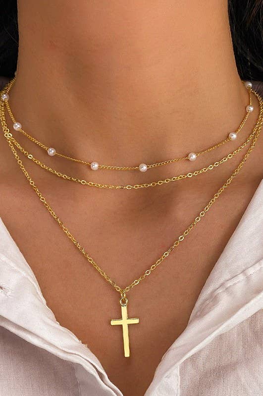 Layered Pearl, cross Necklace