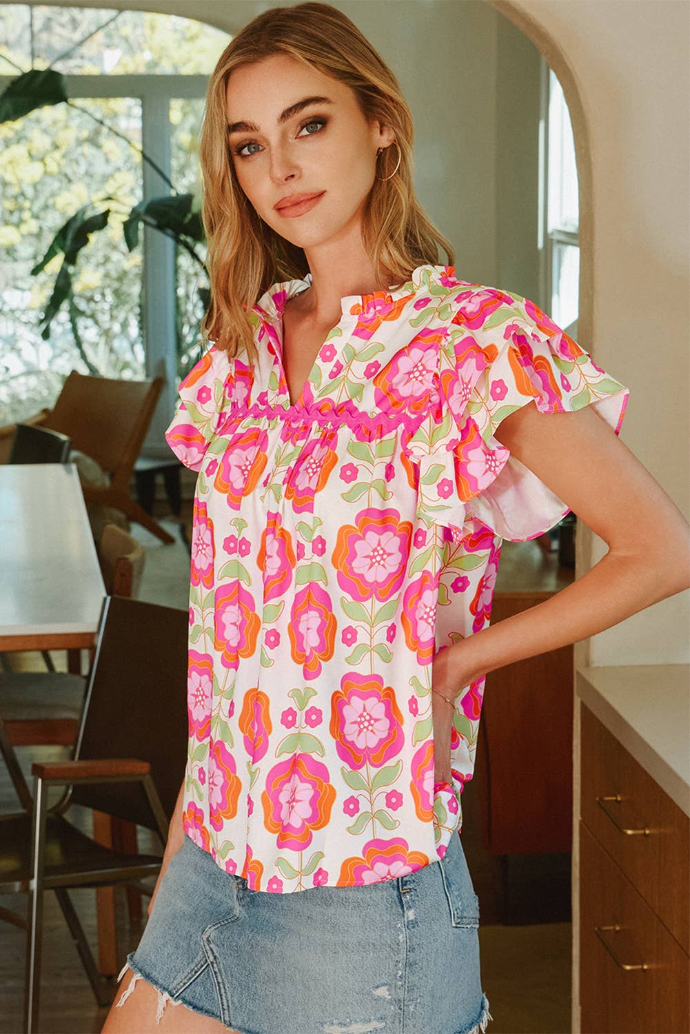Ric-rac Trim Split Neck Blouse