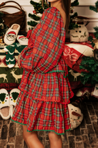 Christmas Plaid Bubble Sleeve Mini Dress