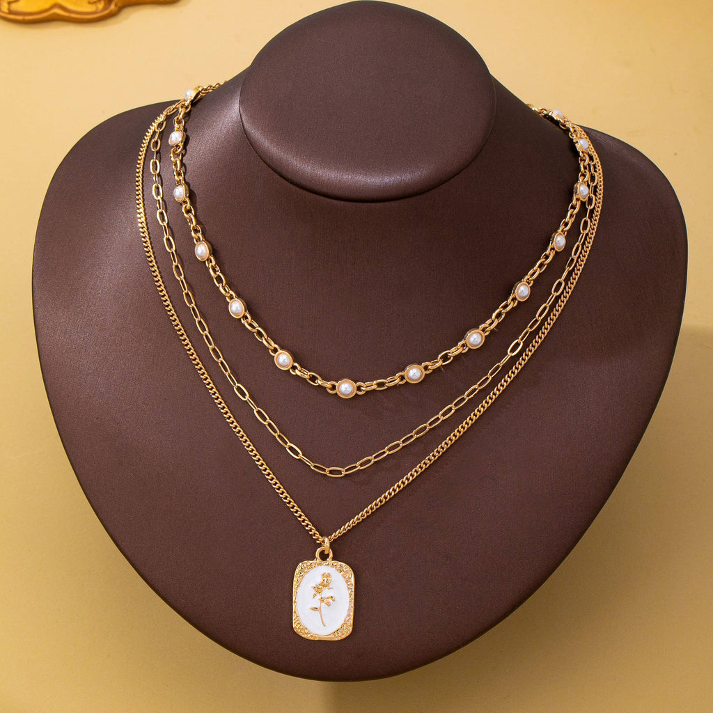 Layered Enamel Pearl Pendant Necklace