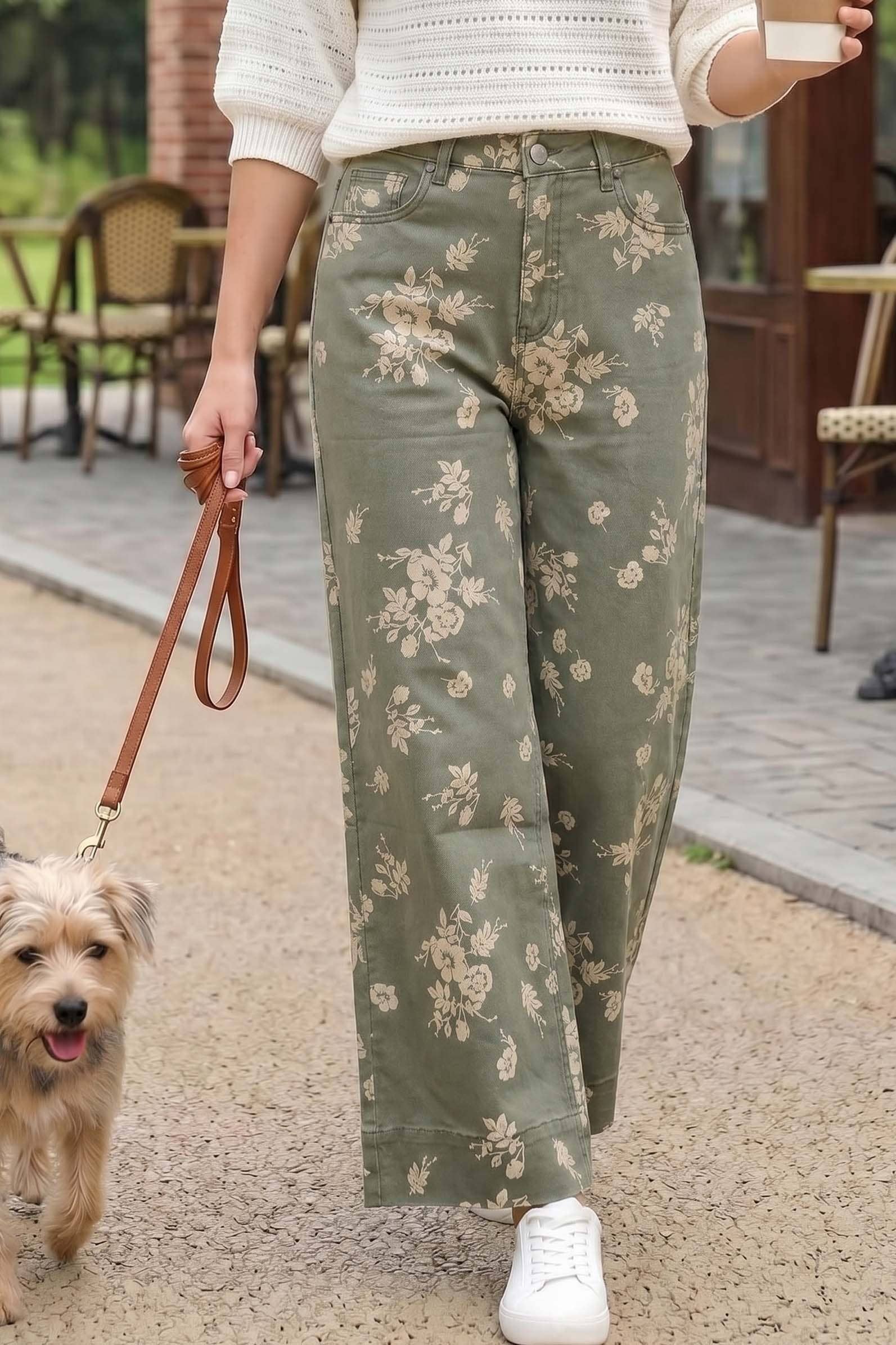 Floral Print Straight Leg Denim Pants