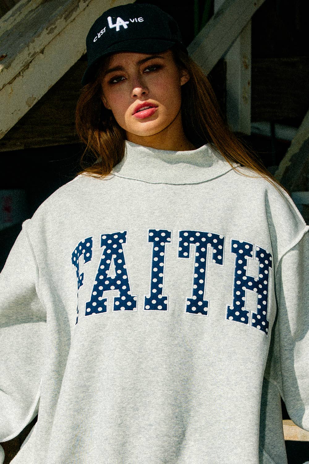 Embroidered Polka-Dot Mock Neck Sweatshirt