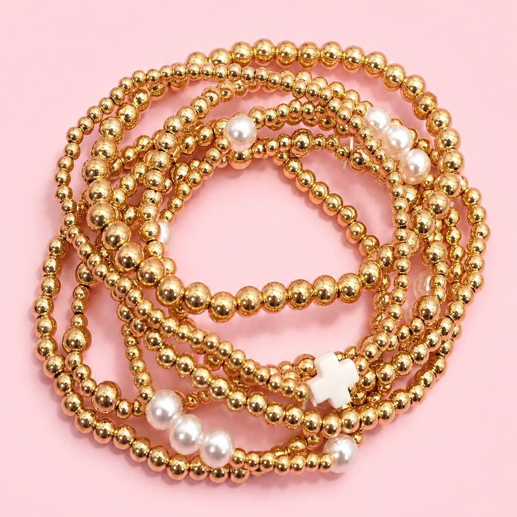 BALL PEARL BEAD CROSS BRACELET