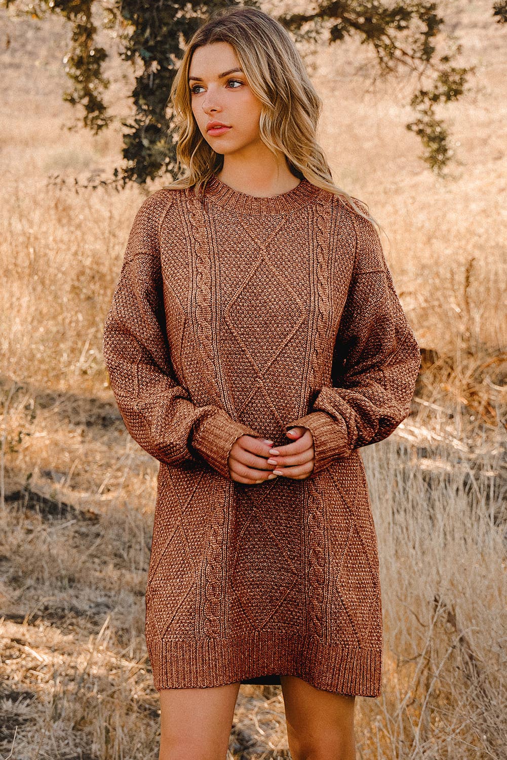 Cable Knit Drop Shoulder Loose Fit Sweater Dress